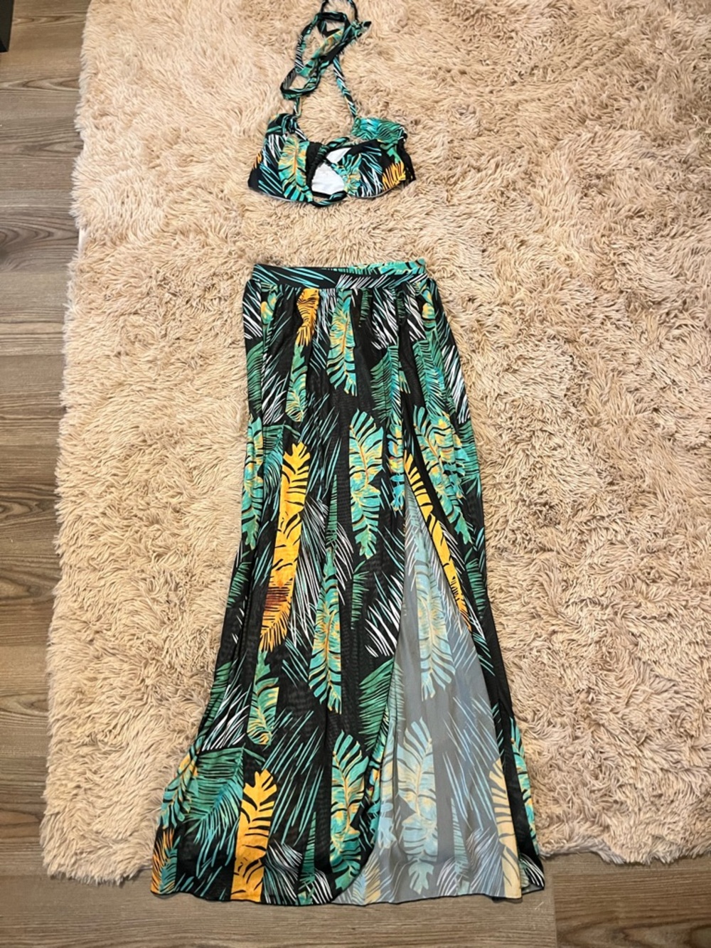 Tropical Palm Print Bikini Top & Maxi Skirt Set M - Black, Green, Yellow